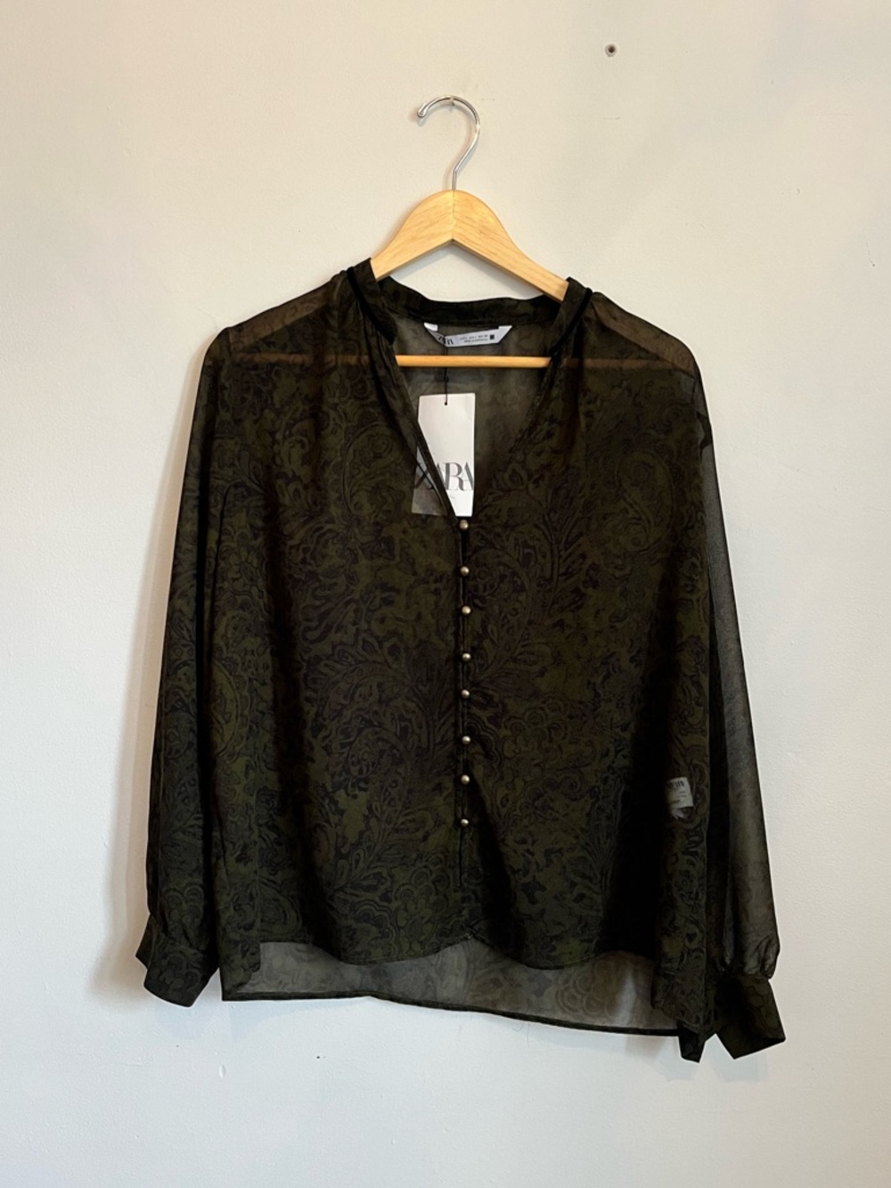 Zara Olive Green and Black Sheer Paisley Button Blouse